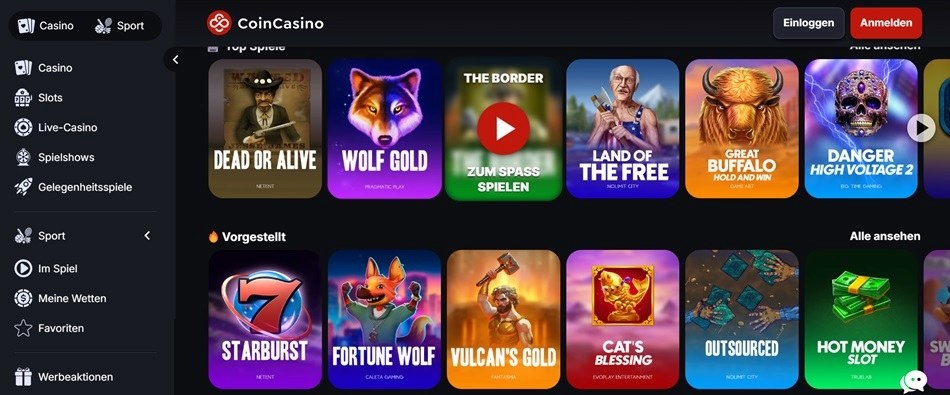 CoinCasino Webseite mit verschiedenen Online Casino Spielen. Die Seite zeigt Kategorien wie Slots, Live-Casino, Spielshows und Gelegenheits-Spiele. Besonders interessant ist, dass CoinCasino zu den modernen Krypto Casinos zählt, die Einzahlungen und Auszahlungen mit digitalen Währungen ermöglichen. Vorgestellte Spiele wie Duel at Dawn, Extra Chilli und Gates of Olympus sind sichtbar, begleitet von Logos bekannter Spielanbieter wie Evolution und Pragmatic Play.