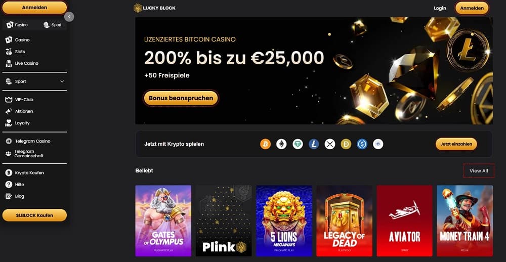 Lucky Block Casino homepage screenshot.